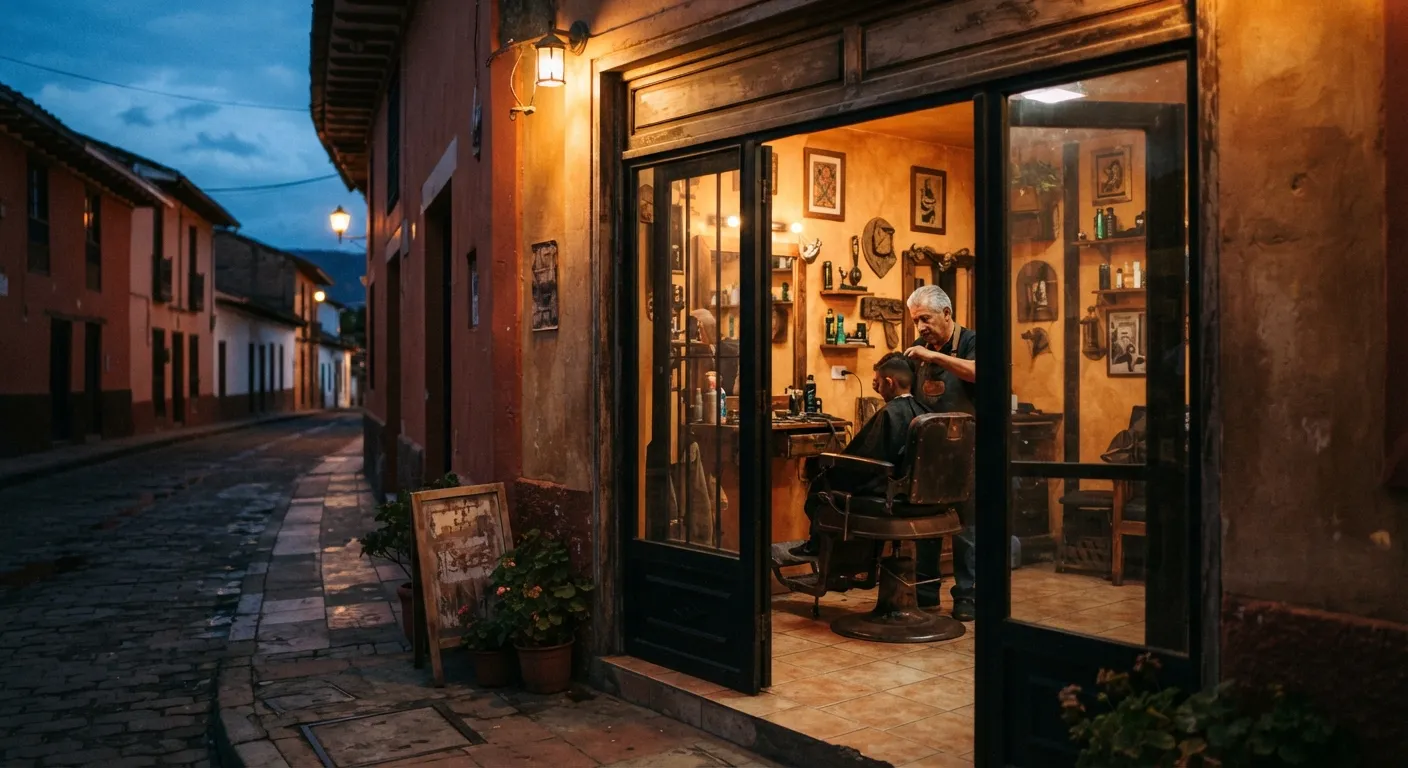 Barbería iluminada de noche, vista desde la calle