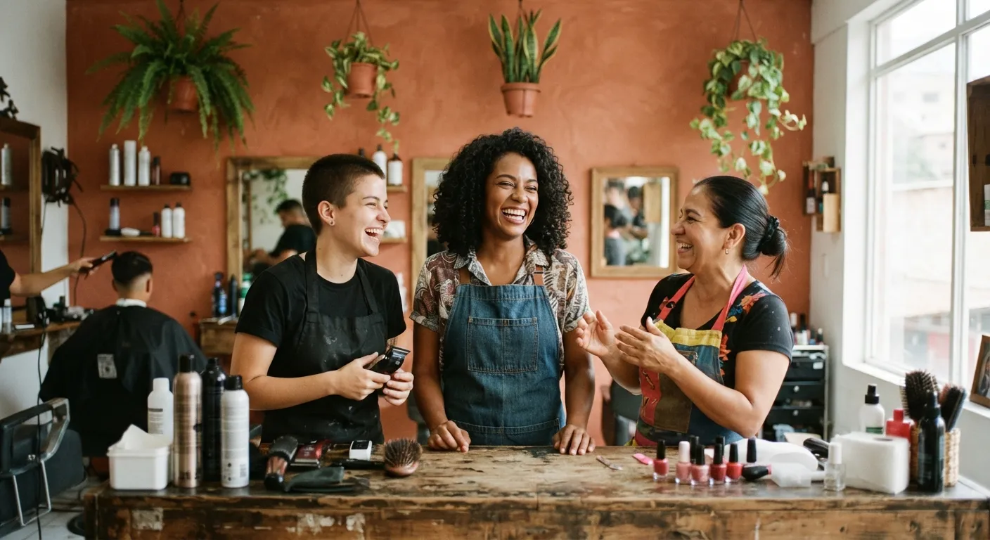 Equipo de una barbería conversando en el local
