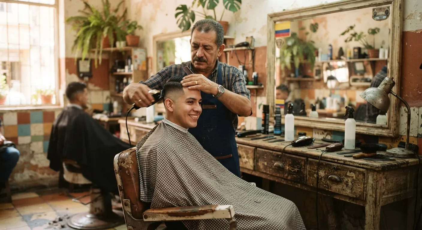 Barbero cortando el cabello a un cliente en una barbería